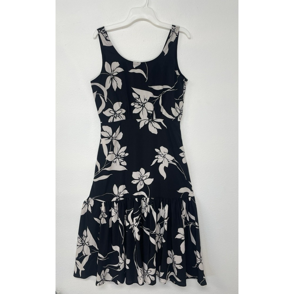 Willow Black/Grey Floral V-Back Ruffled Sleeveless Midi Sun Dress SZ Lg - Picture 2 of 14